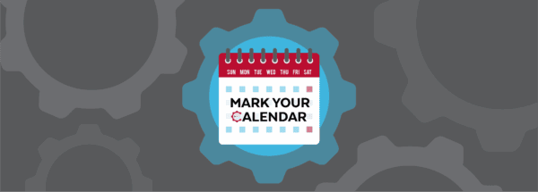 Illustration of a calendar with Mark Your Calendar written on it, set against a blue gear and gray background featuring larger, faded gears.