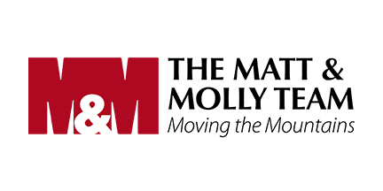 Logo with large red M&M on the left. To the right, black text reads THE MATT & MOLLY TEAM above gray text Moving the Mountains.