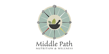 Logo for Middle Path Nutrition & Wellness featuring a circular design with a mortar and pestle in the center, surrounded by colored segments, and the business name written below.