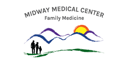 Logo for Midway Medical Center Family Medicine with silhouettes of two adults and a child, green grass, blue and purple mountains, and a sun rising behind the peaks.