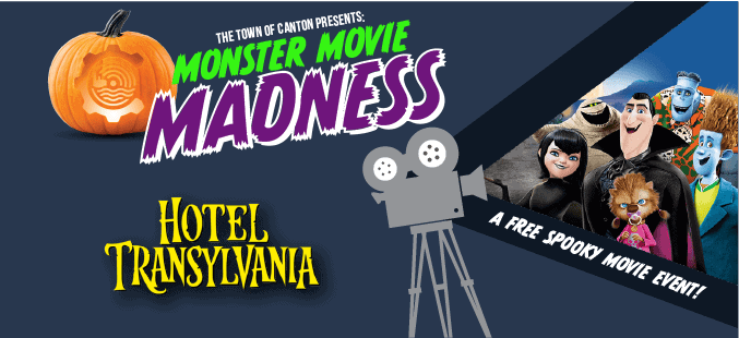 A Halloween-themed poster for Monster Movie Madness featuring Hotel Transylvania characters, a pumpkin, and a vintage film projector, advertising a free spooky movie event.