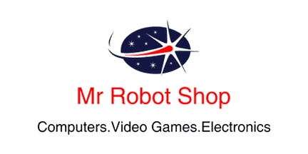Logo with a blue oval, white and red starburst, and white stars above red text Mr Robot Shop. Below, black text reads Computers. Video Games. Electronics.