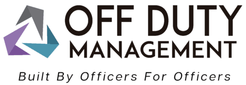 Off Duty Management logo with abstract geometric shapes on the left and the tagline Built By Officers For Officers below the company name.