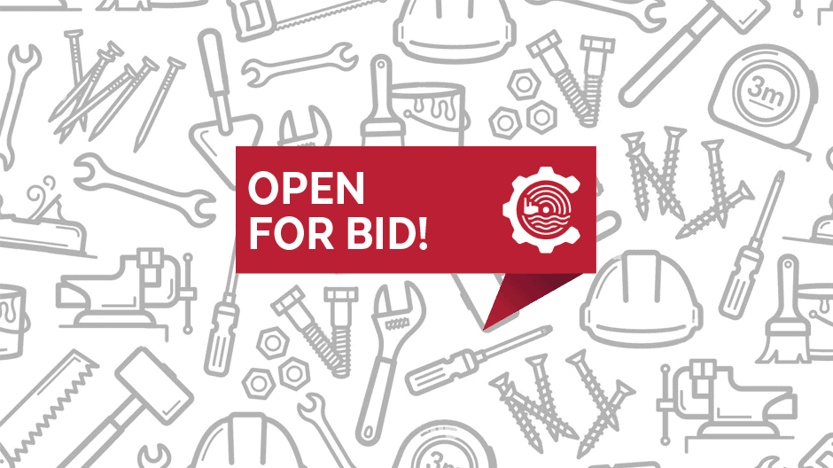 Red box with OPEN FOR BID! text over a background of construction tool line drawings, including wrenches, screwdrivers, hard hats, and measuring tape.