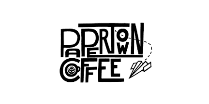 Black and white logo with the words Papertown Coffee; a coffee cup is inside the letter O and a paper airplane flies from the letter N on the right side.