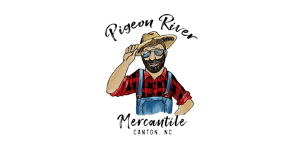 Illustration of a bearded man in a straw hat, red plaid shirt, and blue overalls. Text reads Pigeon River Mercantile Canton, NC.