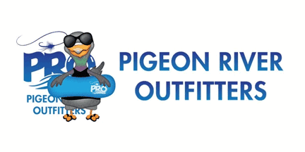 Cartoon bird wearing sunglasses holding a blue tube with PRO on it, next to the text Pigeon River Outfitters in blue capital letters.