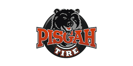 Logo for Pisgah Tire featuring a black bears head behind the bold, orange text Pisgah Tire on a black tire background.