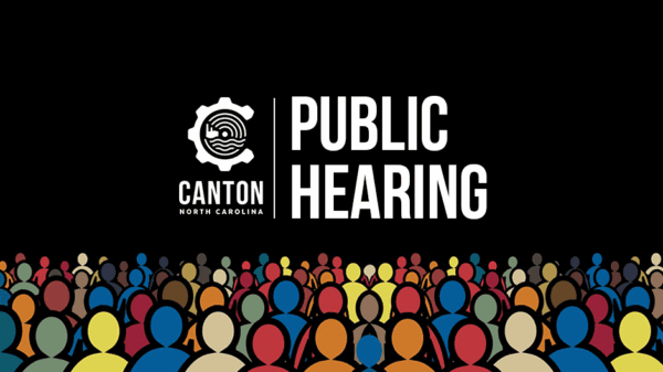 Graphic with colorful silhouettes of people. Text reads Canton North Carolina Public Hearing alongside a circular gear logo with lines and a wave symbol. Black background with the crowd at the bottom.