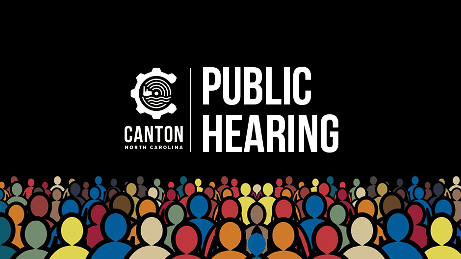 Graphic with colorful silhouettes of people. Text reads Canton North Carolina Public Hearing alongside a circular gear logo with lines and a wave symbol. Black background with the crowd at the bottom.