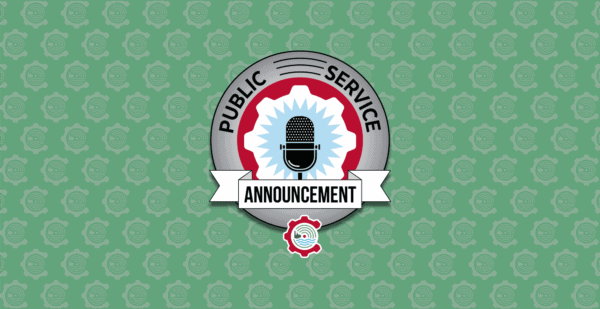 A graphic with a microphone in the center, surrounded by the words Public Service Announcement on a green patterned background.