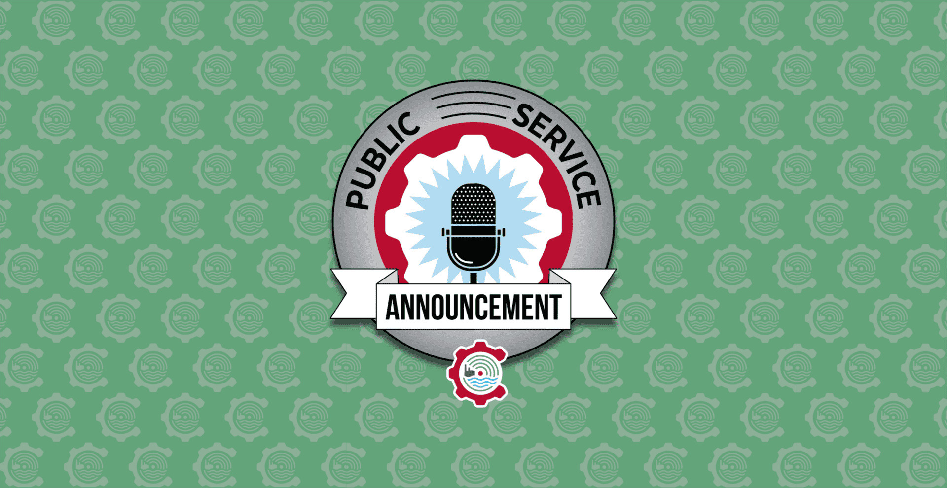 A graphic with a microphone in the center, surrounded by the words Public Service Announcement on a green patterned background.