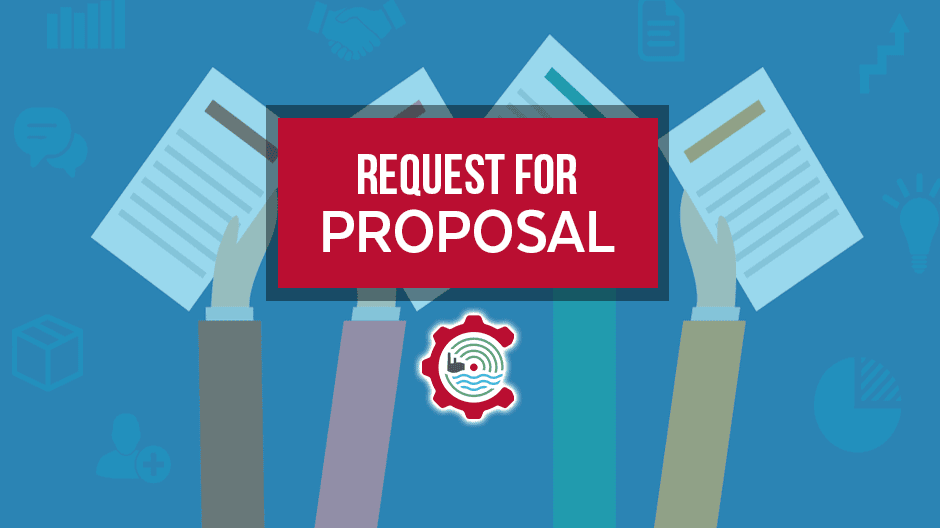 Three hands hold up documents behind a red box with the text Request for Proposal on a blue background with business icons. A red gear with a wave logo appears below the text.