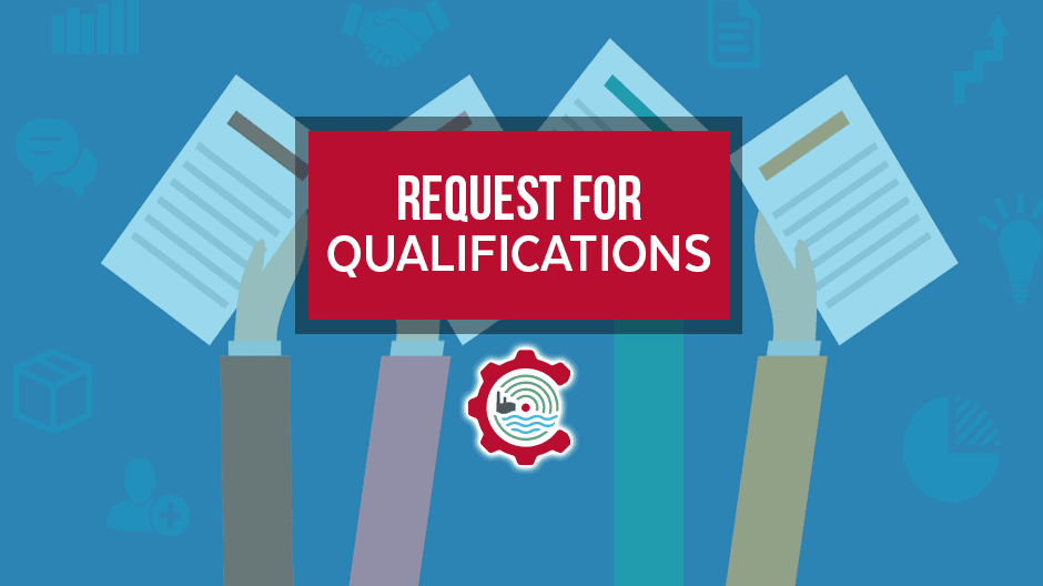 Three illustrated hands hold documents under a red box with white text reading Request for Qualifications on a blue background with faint icons and a gear logo at the bottom.