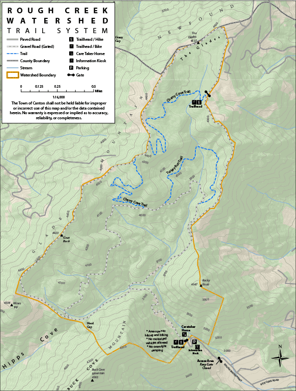 Map of Rough Creek Watershed Trail System with trails, streams, roads, contour lines, landmarks, parking, and boundaries marked. A legend explains symbols, and a notice about trail usage appears in the lower left.