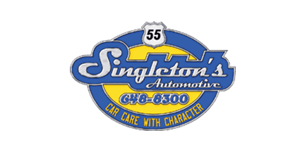 Logo for Singletons Automotive featuring a blue and yellow oval, a highway 55 sign, and the slogan Car Care With Character. Phone number 648-8300 is displayed prominently.