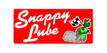 Red Snappy Lube logo with a green turtle wearing a red cap, holding a checkered flag while racing and kicking up smoke.