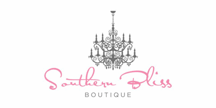 Southern Bliss Boutique logo with a decorative chandelier above the store name. Southern Bliss is written in elegant pink script, and BOUTIQUE is in uppercase gray letters beneath it.