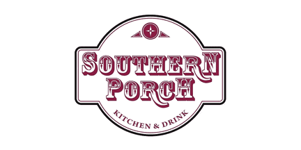 Logo for Southern Porch Kitchen & Drink in maroon, vintage-style lettering on a white background with a decorative compass at the top.