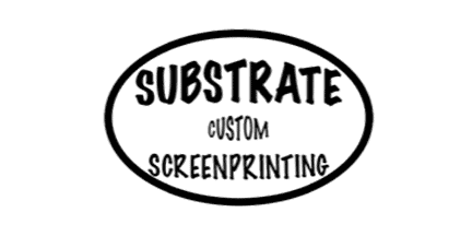 Black oval logo with the words SUBSTRATE at the top, CUSTOM in the middle, and SCREENPRINTING at the bottom, all in bold, uppercase, hand-drawn style letters.