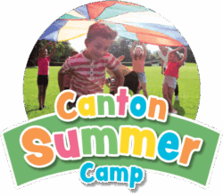 Children play under a colorful parachute on grass, smiling and laughing. The text Canton Summer Camp is displayed in bright, playful letters below the image.
