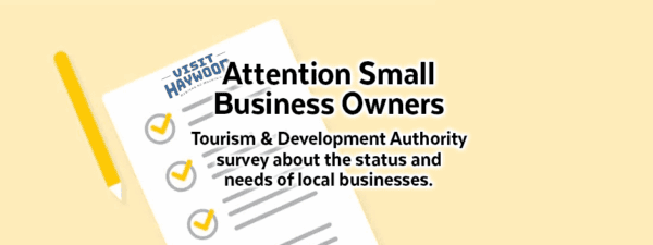 A checklist titled Visit Haywood with text: Attention Small Business Owners. Tourism & Development Authority survey about the status and needs of local businesses.