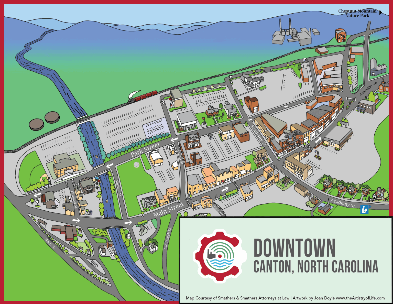 Illustrated map of downtown Canton, North Carolina, showing streets, buildings, a river, parking lots, and landmarks like Chestnut Mountain Nature Park. A key and city logo are in the lower right corner.