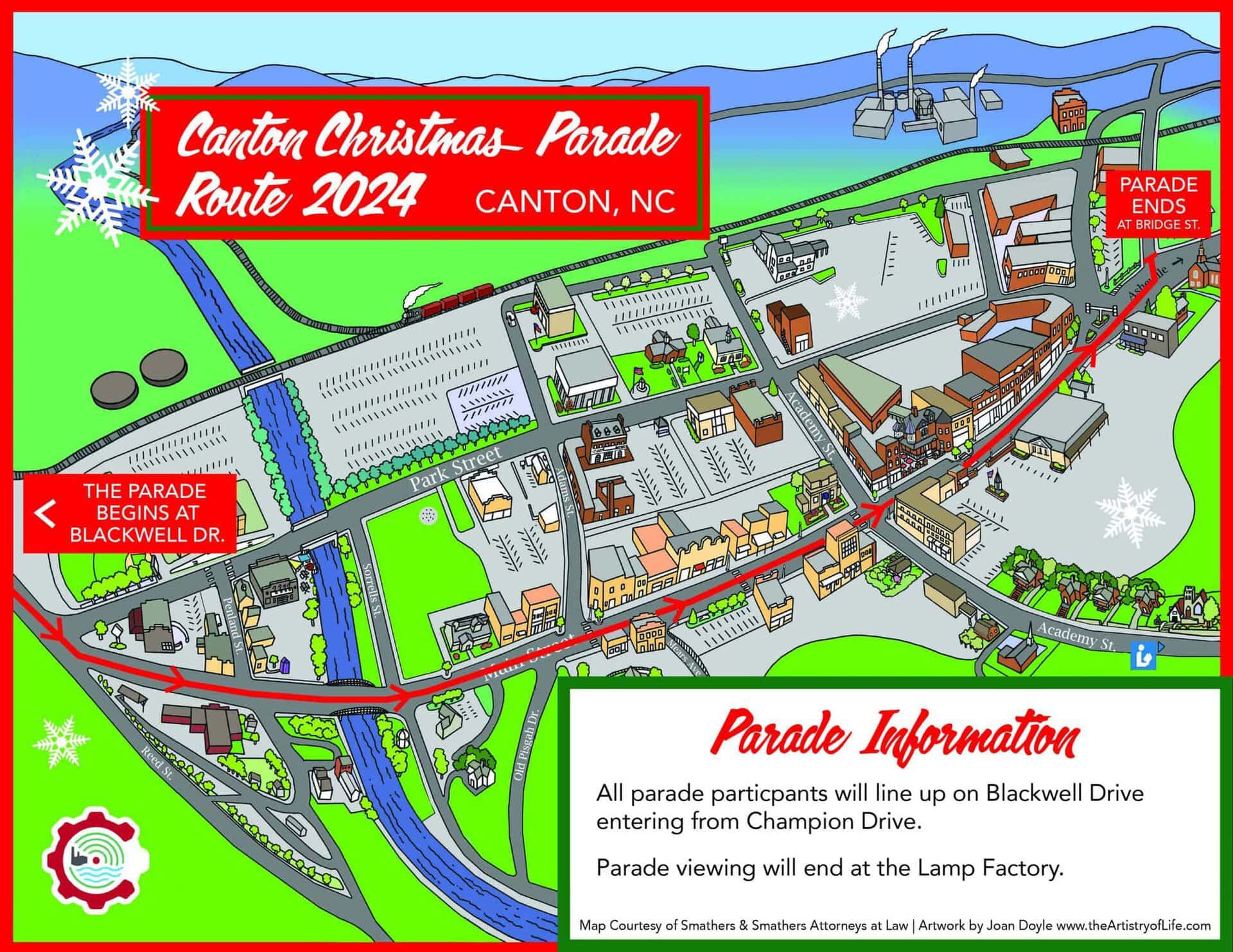 A colorful map shows the Canton Christmas Parade Route 2024 in Canton, NC, with the parade starting at Blackwell Dr. and ending at Bridge St., plus parade lineup and viewing locations marked.
