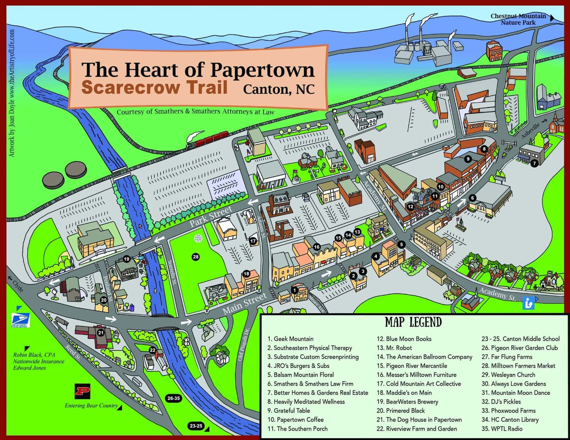 Illustrated map titled The Heart of Papertown Scarecrow Trail, Canton, NC, showing local landmarks, streets, and a numbered legend for various businesses and attractions.