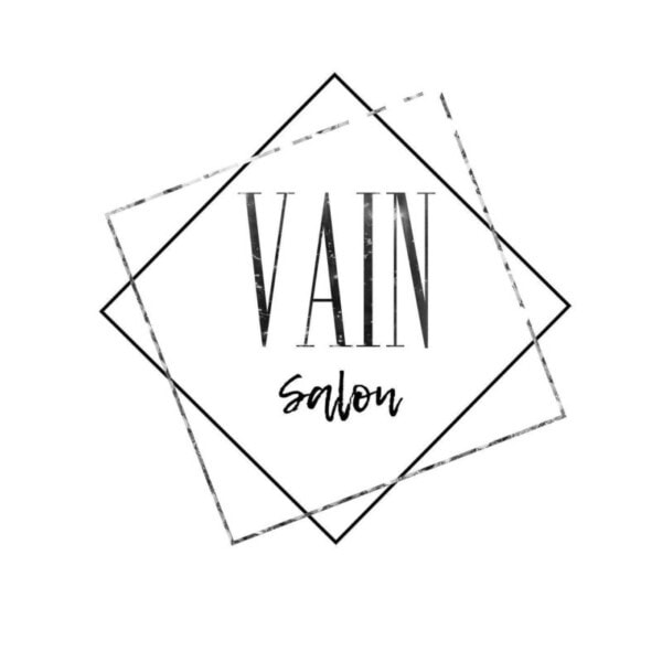 Black text reading VAIN salon is centered on a white background. Two overlapping, slightly tilted squares frame the text, giving a modern, minimalist look.
