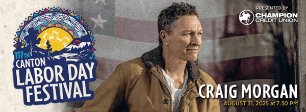 Man in a brown jacket stands before a faded American flag. Text: 117th Canton Labor Day Festival, Craig Morgan, August 31, 2025 at 7:30 PM. Champion Credit Union logo in the top right corner.