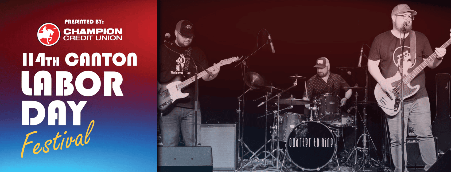 Banner for the 114th Canton Labor Day Festival, presented by Champion Credit Union, featuring a photo of a three-member band performing on stage with guitars and drums.