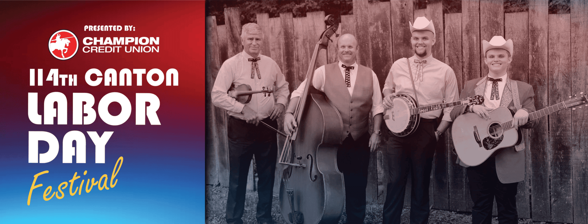 Four men in western attire holding musical instruments stand outdoors by a wooden fence. Text reads: 114th Canton Labor Day Festival, presented by Champion Credit Union.