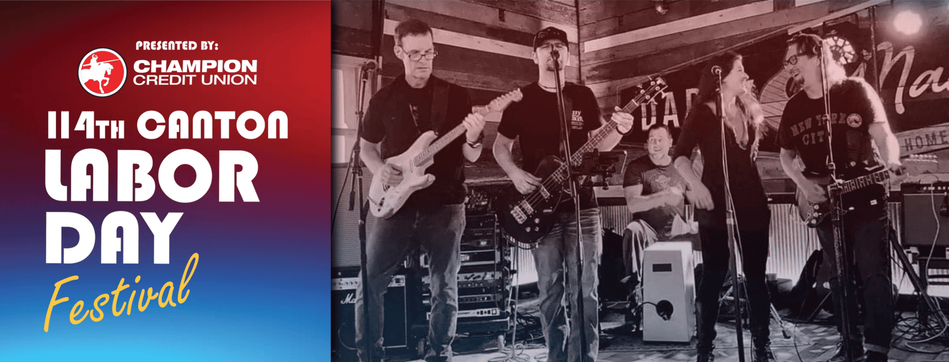 A band performs live on stage; text on the left reads 114th Canton Labor Day Festival, presented by Champion Credit Union.