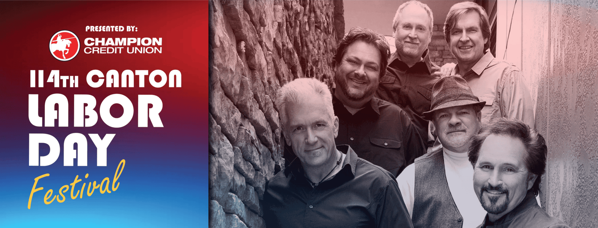 Six men stand smiling in a group beside a stone wall. Text reads: 114th Canton Labor Day Festival. Presented by Champion Credit Union. The left side of the image uses a red, blue, and yellow color gradient.