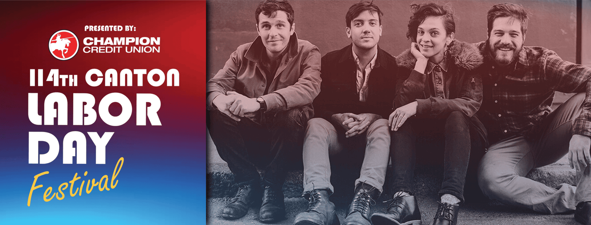 Four people sit casually together, smiling. Text on the left reads: Presented by Champion Credit Union. 114th Canton Labor Day Festival. The image has a gradient red to blue background.