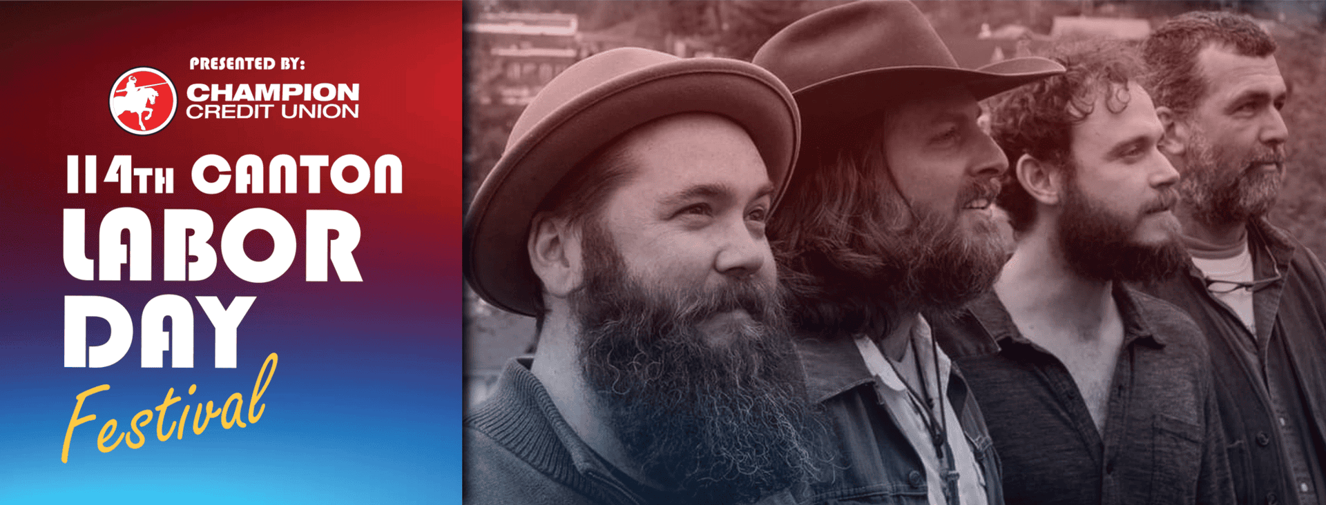 Four bearded men stand side by side, looking right, with a banner reading 114th Canton Labor Day Festival and Presented by Champion Credit Union on a red and blue gradient background.