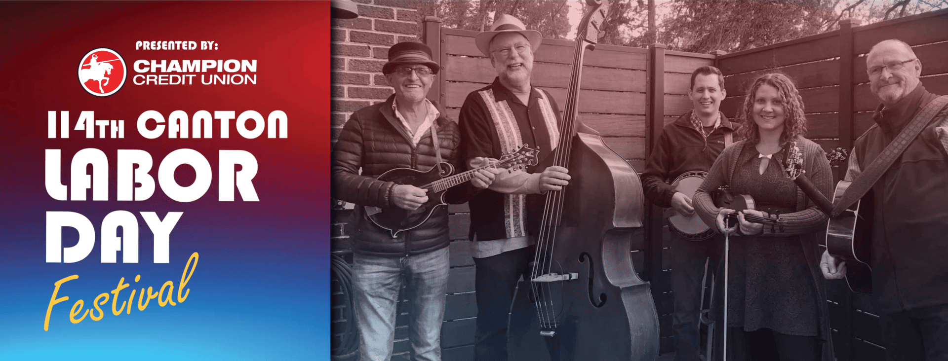 Five musicians stand with their instruments, smiling outdoors. Left text reads: 114th Canton Labor Day Festival, with the Champion Credit Union logo above. The image has a red-blue gradient on the left side.